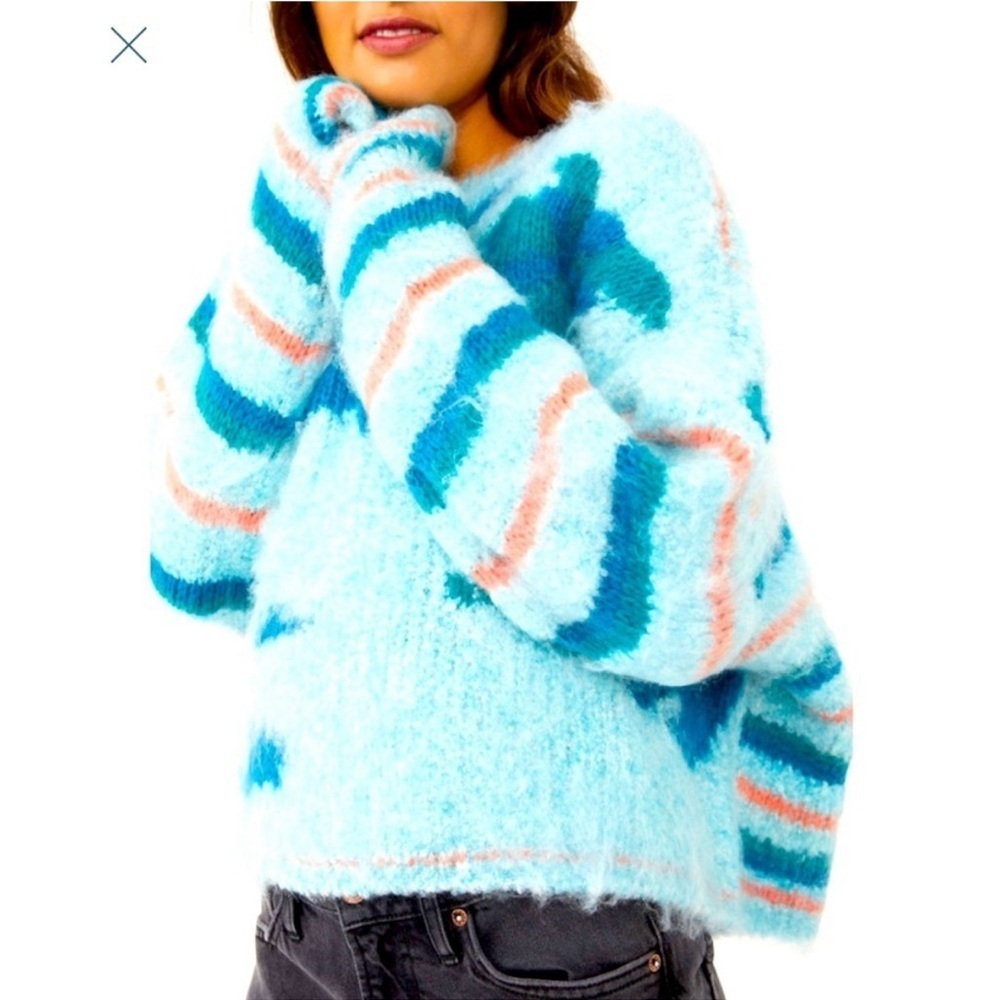 Free People blue green Chucky boxy oversized sweater size small